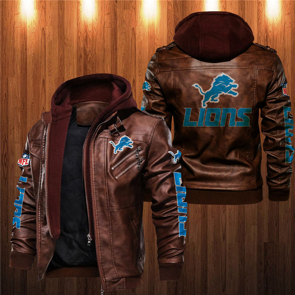 Men's brown Detroit Lions leather jacket with hood, zipper front, and team logo on chest, back, and sleeves. NFL fan gear made from PU faux leather