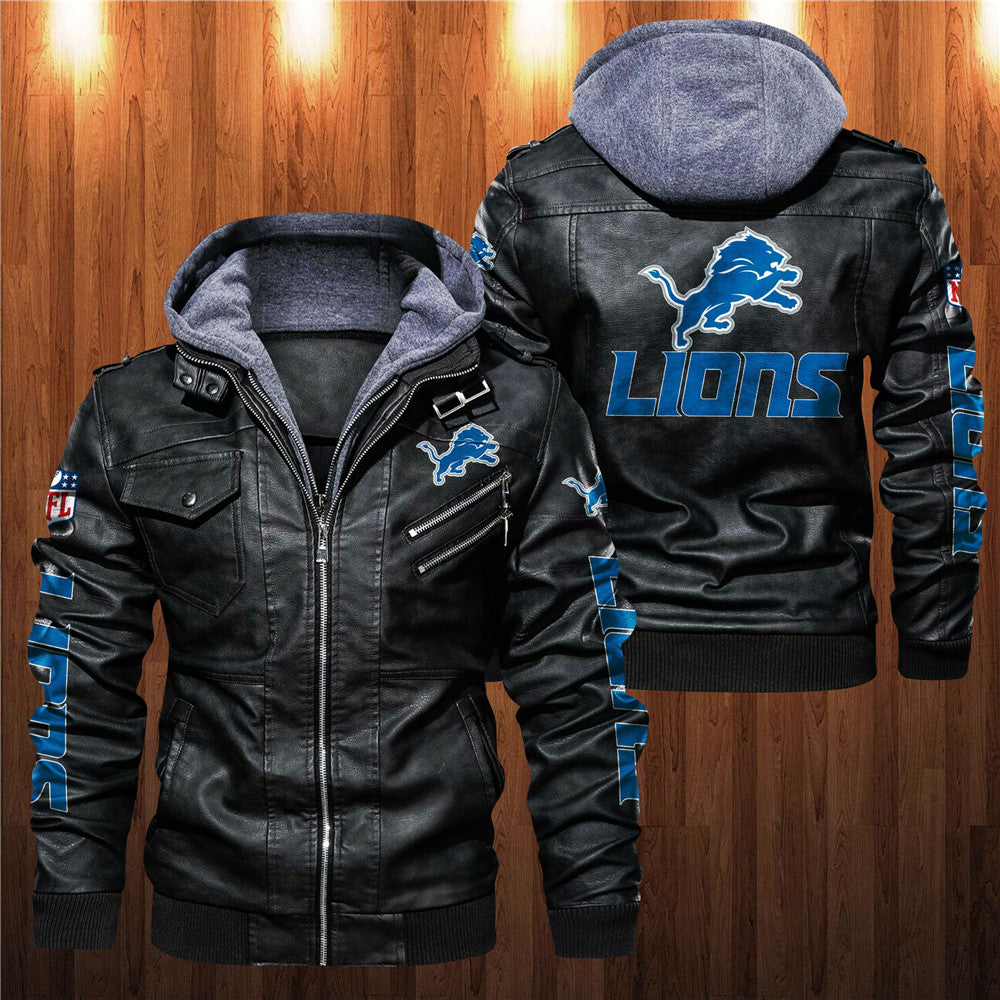 Front and back view of black Detroit Lions faux leather jacket with hoodie and team graphics.