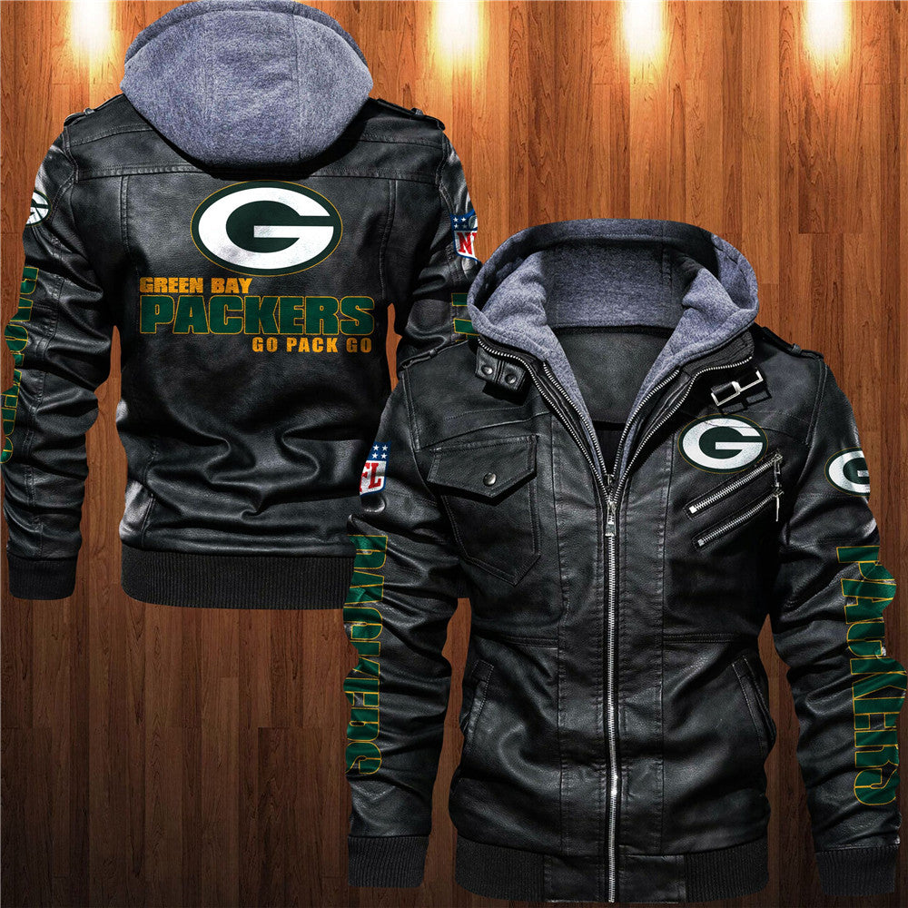 Front and back view of black Green Bay Packers faux leather jacket with hoodie and team graphics.