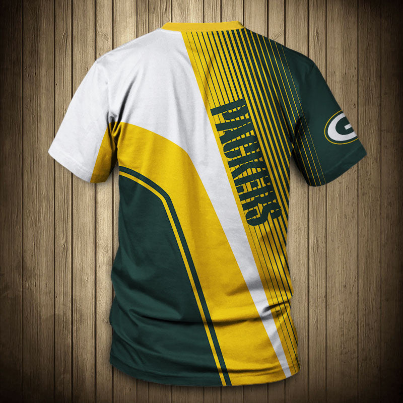 Back view of Men’s Green Bay Packers T-Shirt – Striped Graphic Look with vertical stripes, large Packers text print, and dynamic color block design in yellow, WHITE and green."