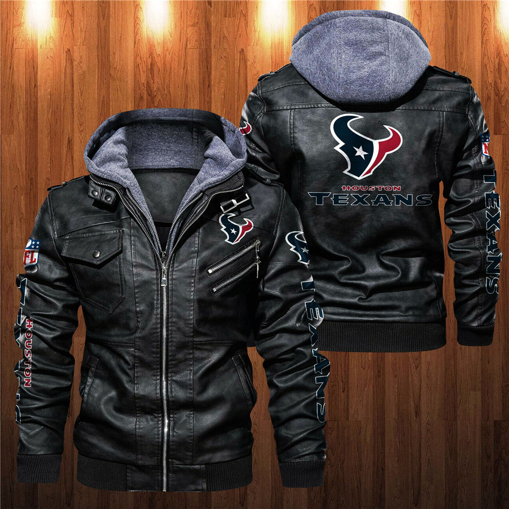 Front and back view of black Houston Texans faux leather jacket with hoodie and team graphics.