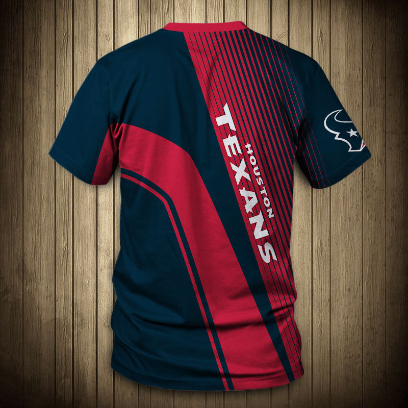 Back view of Men’s Houston Texans T-Shirt – Striped Graphic Look with vertical stripes, large Texans text print, and dynamic color block design in black and red."