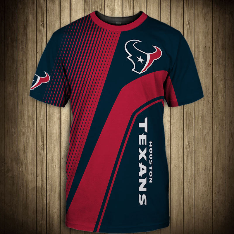Front view of Men’s Houston Texans T-Shirt – Striped Graphic Look featuring bold black and red diagonal stripes, Houston Texans logo on chest, and modern athletic design – perfect for NFL fans.