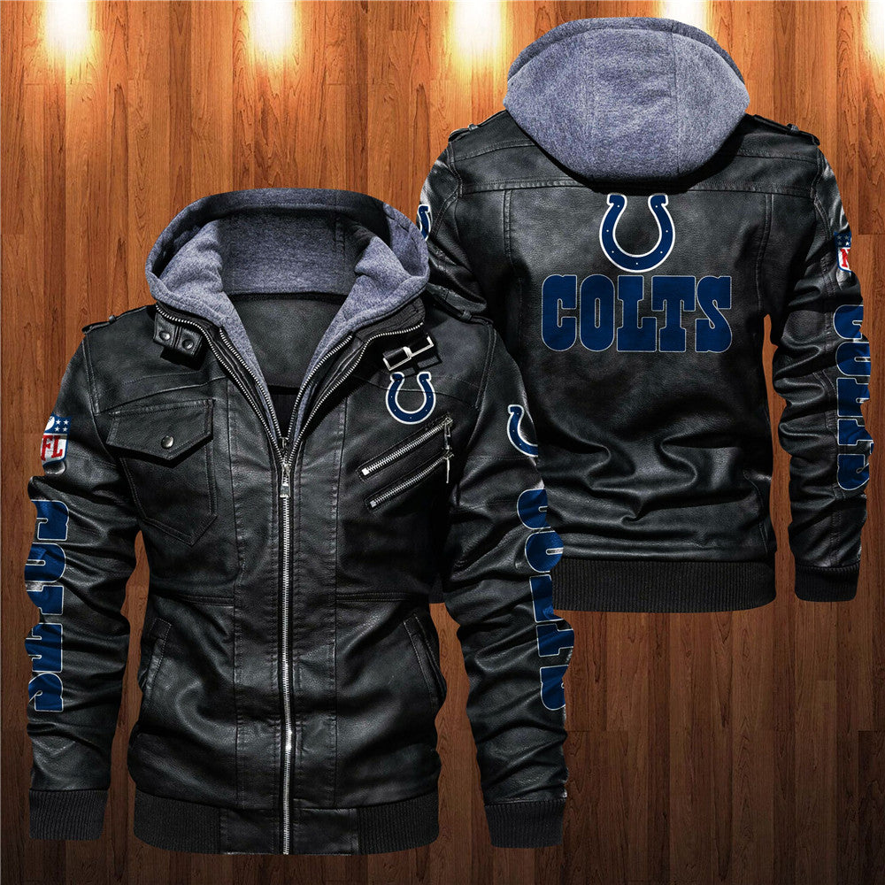 Front and back view of black Indianapolis Colts faux leather jacket with hoodie and team graphics.