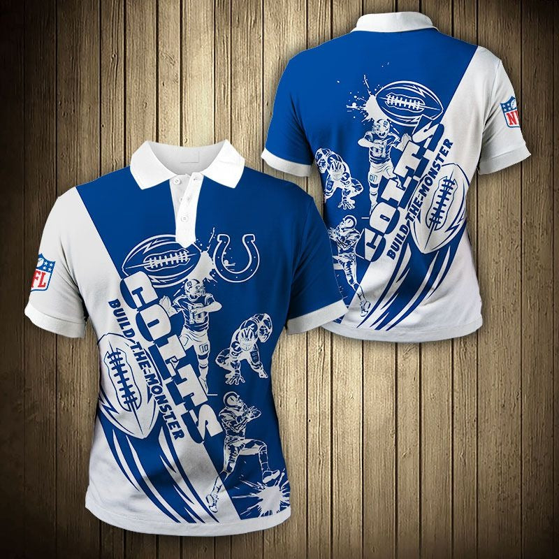 Men's Indianapolis Colts Polo Shirt with Build The Monster graphic in blue and white color – breathable fan apparel, sizes S to 5XL, made to order