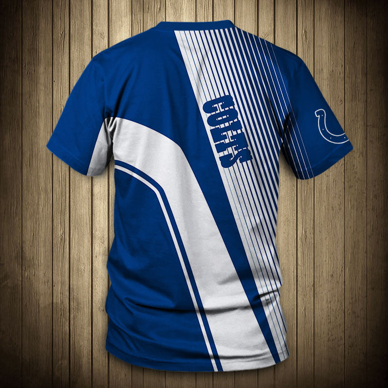 Back view of Men’s Indianapolis Colts T-Shirt – Striped Graphic Look with vertical stripes, large Colts text print, and dynamic color block design in BLUE and WHITE."