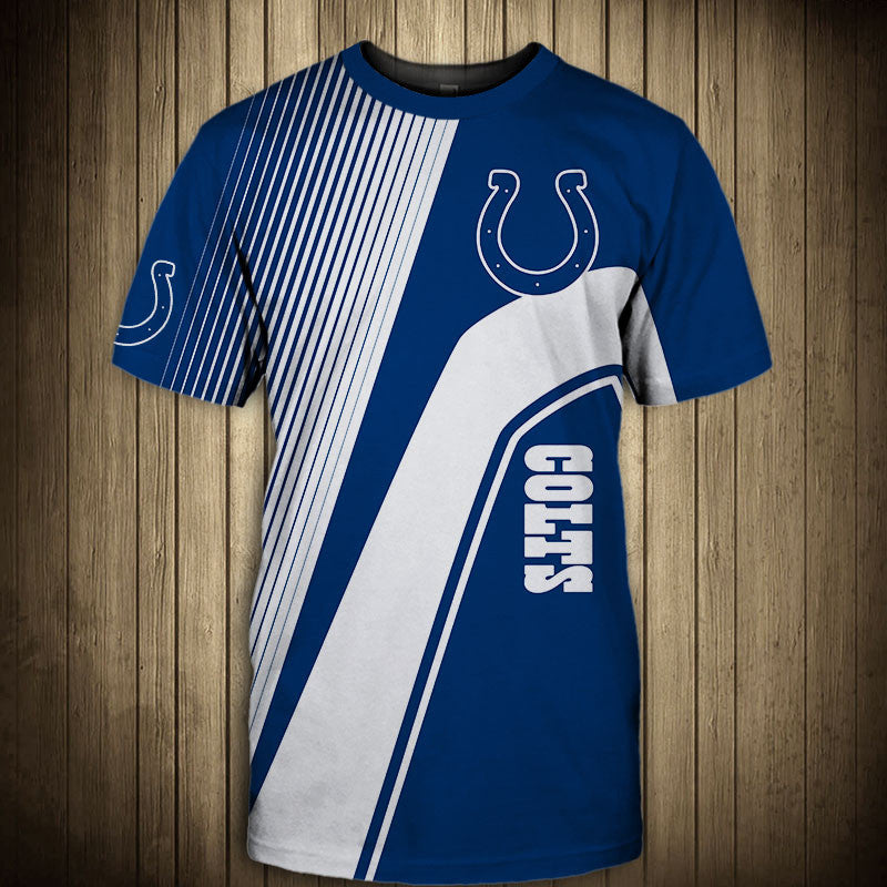 Front view of Men’s Indianapolis Colts T-Shirt – Striped Graphic Look featuring bold BLUE and WHITE diagonal stripes, Indianapolis Colts logo on chest, and modern athletic design – perfect for NFL fans.