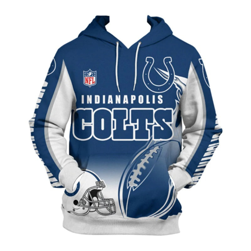 Front view of men's Indianapolis colts pullover hoodie with 3D flaming football graphic, NFL logo, and bold green - yellow team design