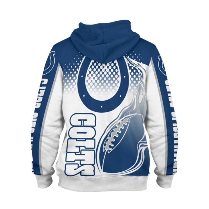 Back view of men's Indianapolis colts hoodie featuring large Colts logo, flaming football design, and bold green - yellow color scheme.