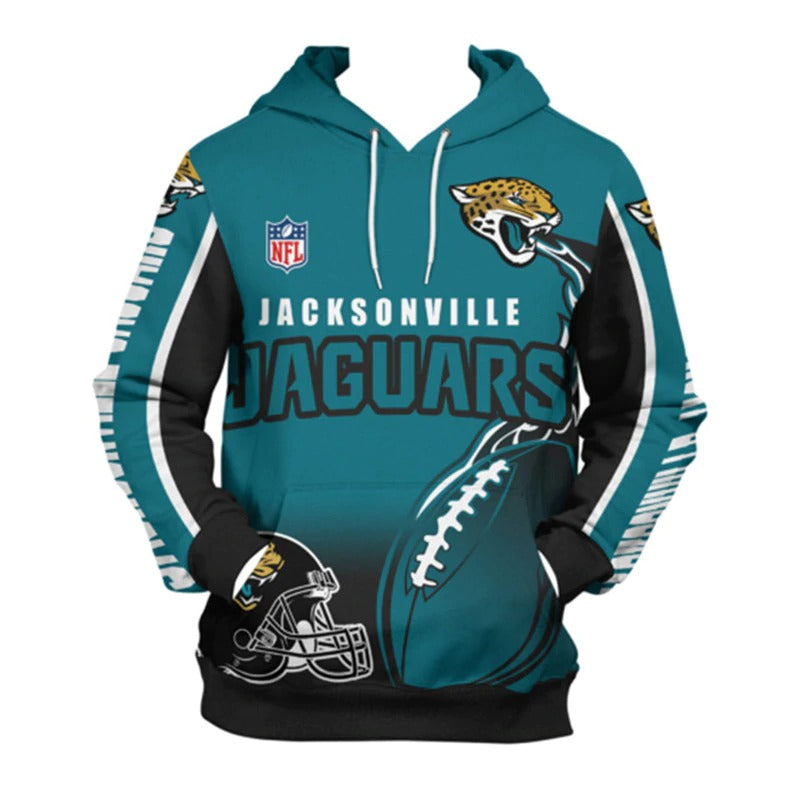 Front view of men's Jacksonville Jaguars pullover hoodie with 3D flaming football graphic, NFL logo, and bold blue - black team design