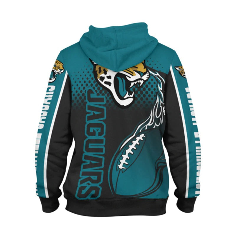 Back view of men's Jacksonville Jaguars hoodie featuring large Jaguars logo, flaming football design, and bold blue - black color scheme.