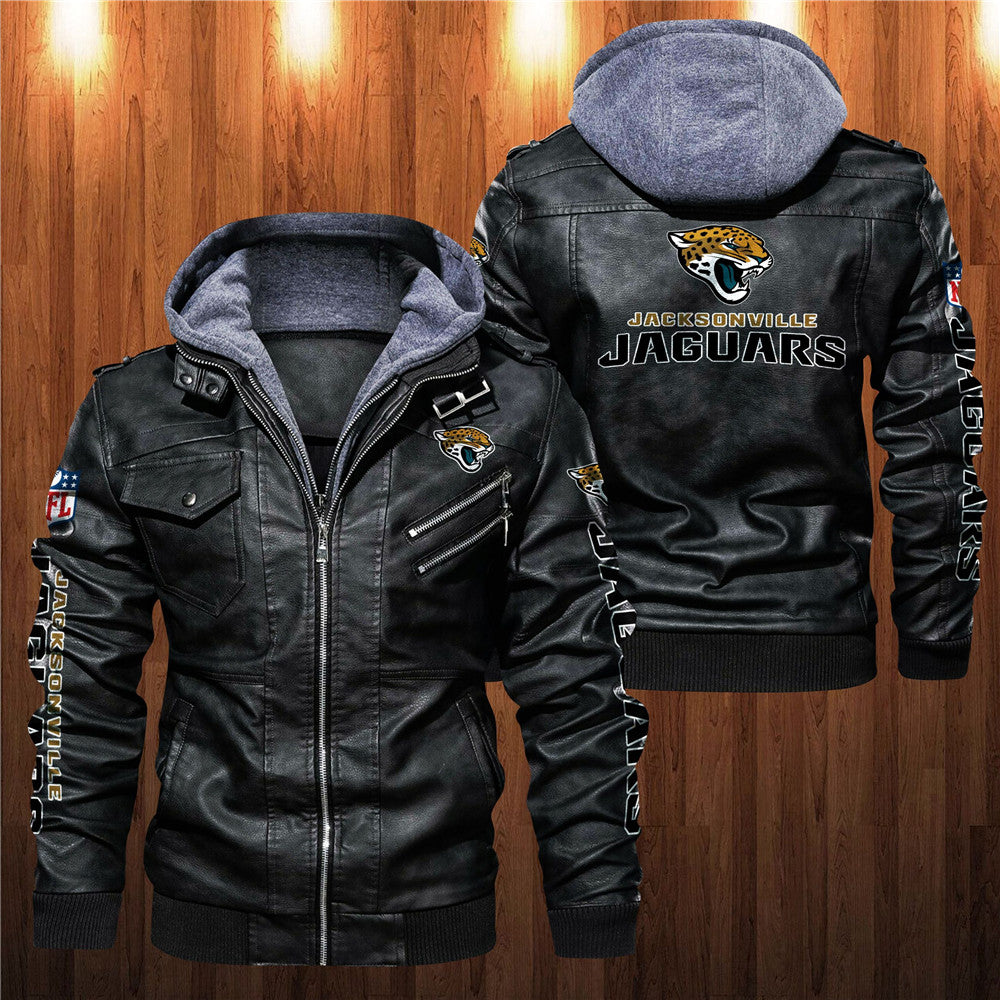 Front and back view of black Jacksonville Jaguars faux leather jacket with hoodie and team graphics