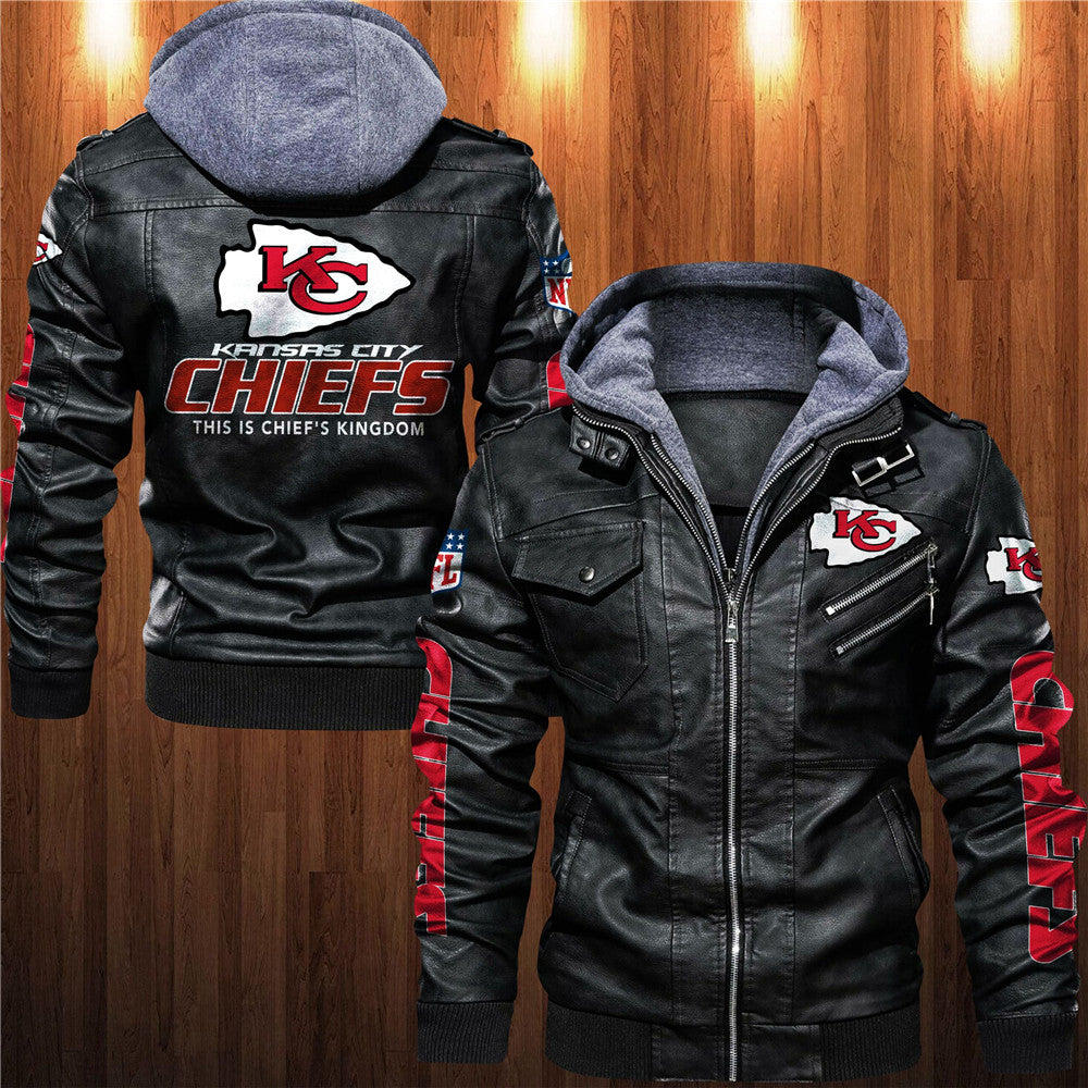 Front and back view of black Kansas City Chiefs faux leather jacket with hoodie and team graphics.