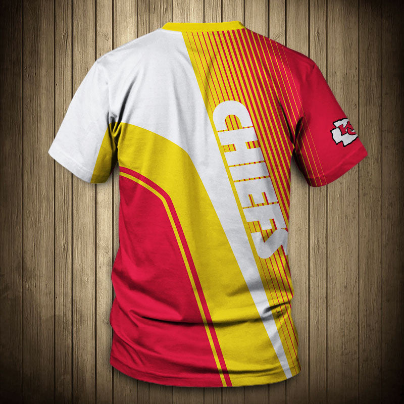 Back view of Men’s Kansas City Chiefs T-Shirt – Striped Graphic Look with vertical stripes, large Chiefs text print, and dynamic color block design in YELLOW, RED and WHITE."