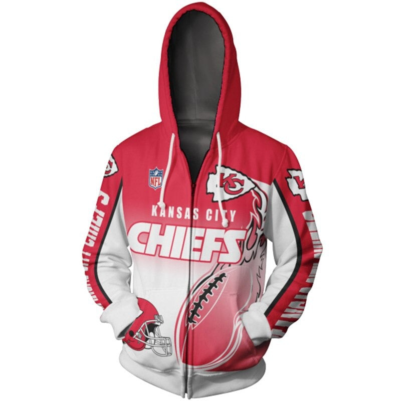 Men's Kansas City Chiefs zip-up hoodie with flaming football 3D design in team colors, featuring NFL and Chiefs logo