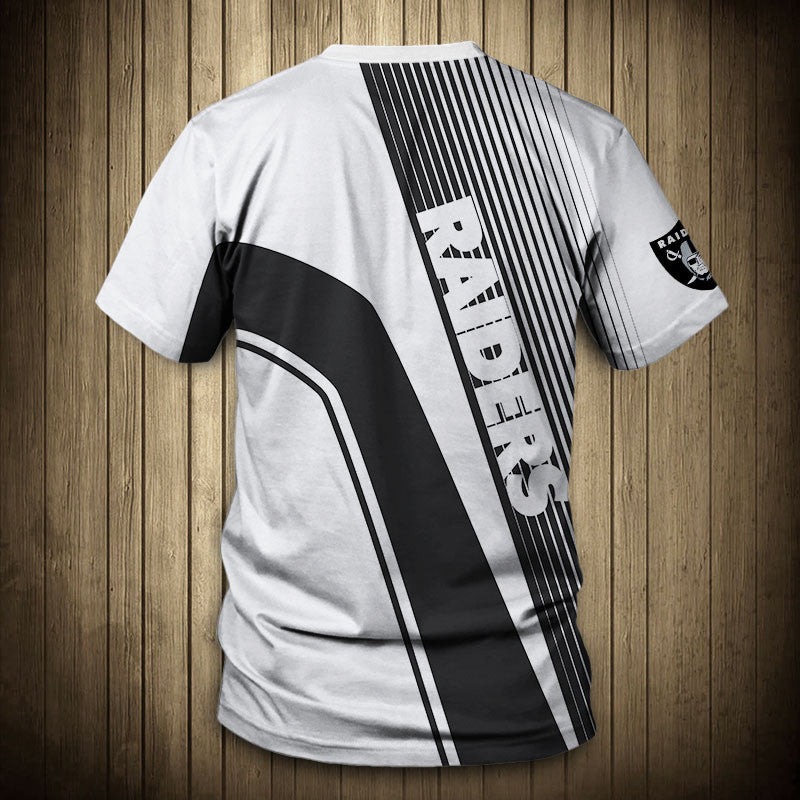 Back view of Men’s Las Vegas Raiders T-Shirt – Striped Graphic Look with vertical stripes, large Raiders text print, and dynamic color block design in BLACK and white."