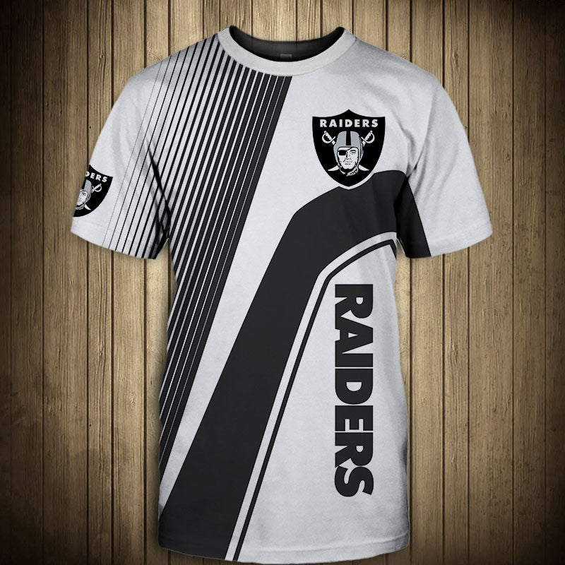 Front view of Men’s Las Vegas Raiders T-Shirt – Striped Graphic Look featuring bold white and BLACK diagonal stripes, Las Vegas Raiders logo on chest, and modern athletic design – perfect for NFL fans.