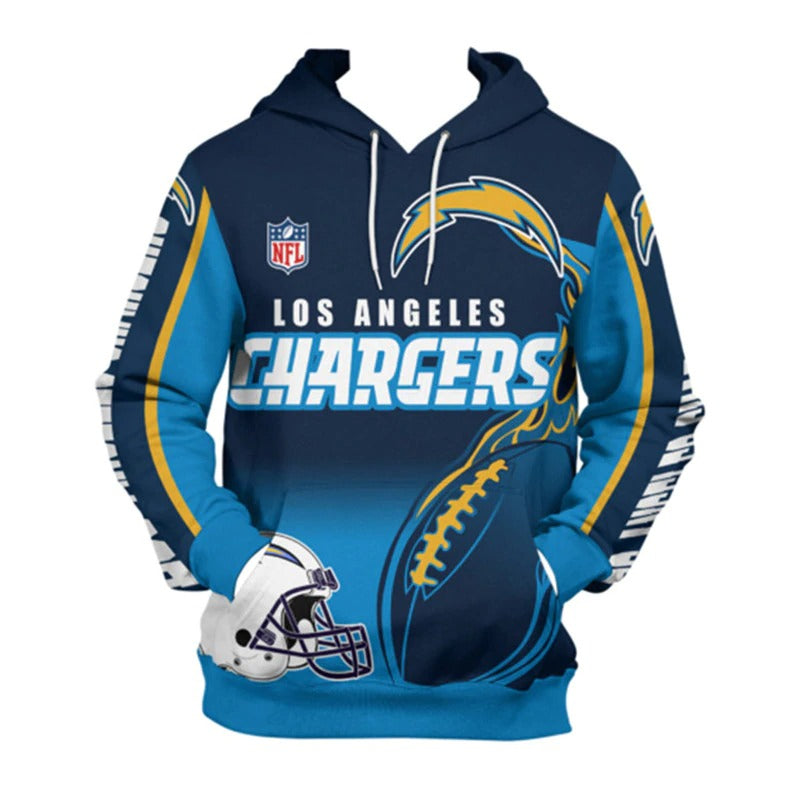 Front view of men's Los Angeles Chargers pullover hoodie with 3D flaming football graphic, NFL logo, and bold blue team design
