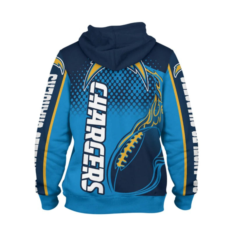 Back view of men's Los Angeles Chargers hoodie featuring large Chargers logo, flaming football design, and bold blue - navy color scheme.