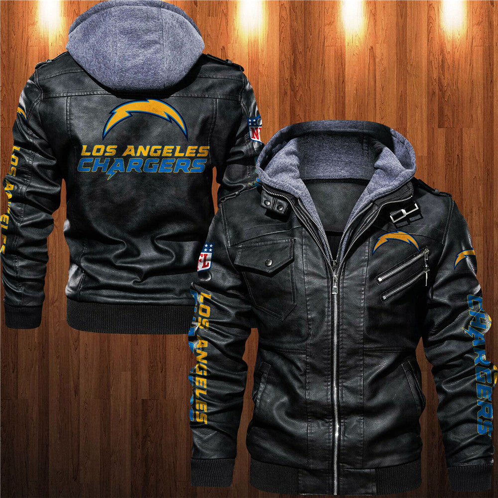 Front and back view of black Los Angeles Chargers faux leather jacket with hoodie and team graphics.