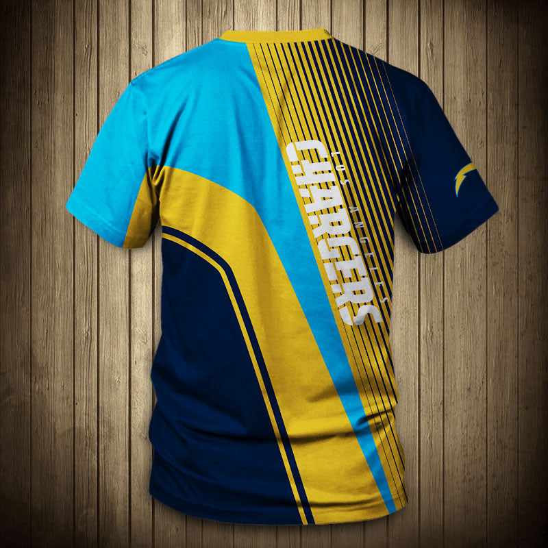 Back view of Men’s Los Angeles Chargers T-Shirt – Striped Graphic Look with vertical stripes, large Chargers text print, and dynamic color block design in GLOD, BLUE and BLACK."