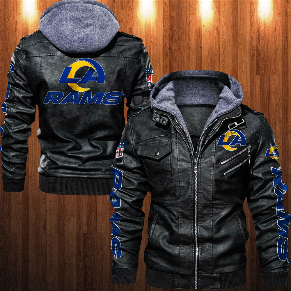 Black leather jacket with LA Rams branding on a wooden background