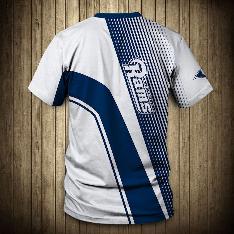 Back view of Men’s Los Angeles Rams T-Shirt – Striped Graphic Look with vertical stripes, large Rams text print, and dynamic color block design in BLUE and white."