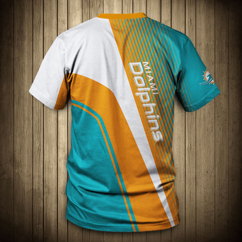 Back view of Men’s Miami Dolphins T-Shirt – Striped Graphic Look with vertical stripes, large Dolphins text print, and dynamic color block design in orange, BLUE and white."
