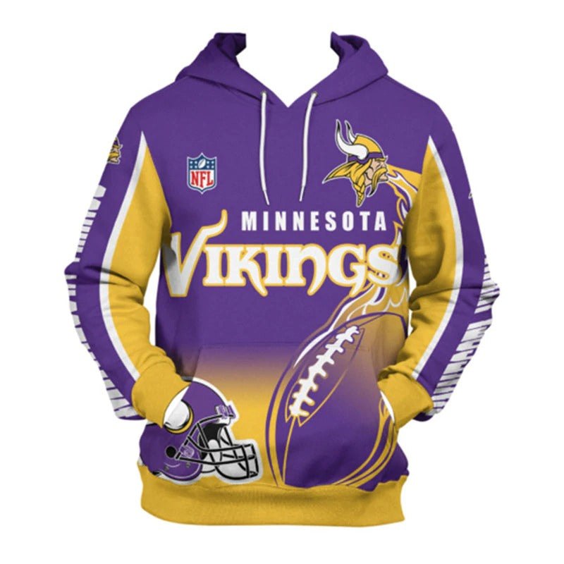 Front view of men's Minnesota Vikings pullover hoodie with 3D flaming football graphic, NFL logo, and bold purple - yellow team design