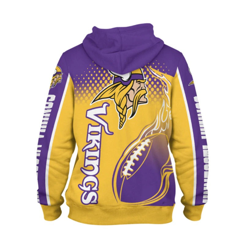 Back view of men's Minnesota Vikings hoodie featuring large Vikings logo, flaming football design, and bold purple - yellow color scheme.