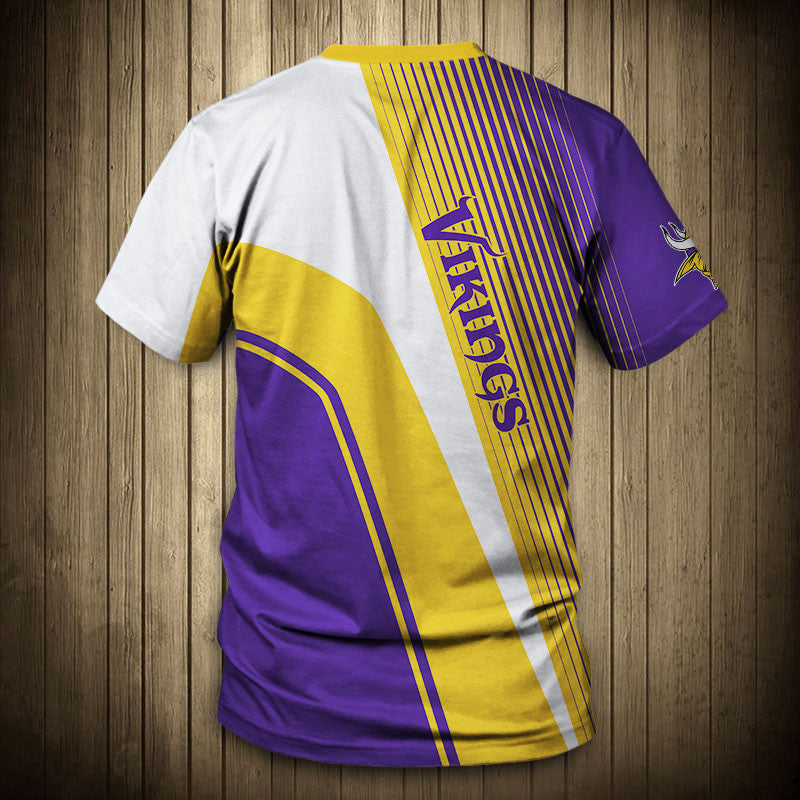 Back view of Men’s Minnesota Vikings T-Shirt – Striped Graphic Look with vertical stripes, large Vikings text print, and dynamic color block design in YELLOW, PURPLE and white."