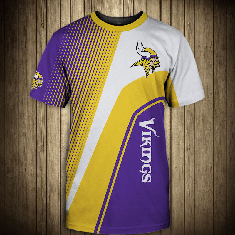 Front view of Men’s Minnesota Vikings T-Shirt – Striped Graphic Look featuring bold WHITE and YELLOW diagonal stripes, Minnesota Vikings logo on chest, and modern athletic design – perfect for NFL fans.