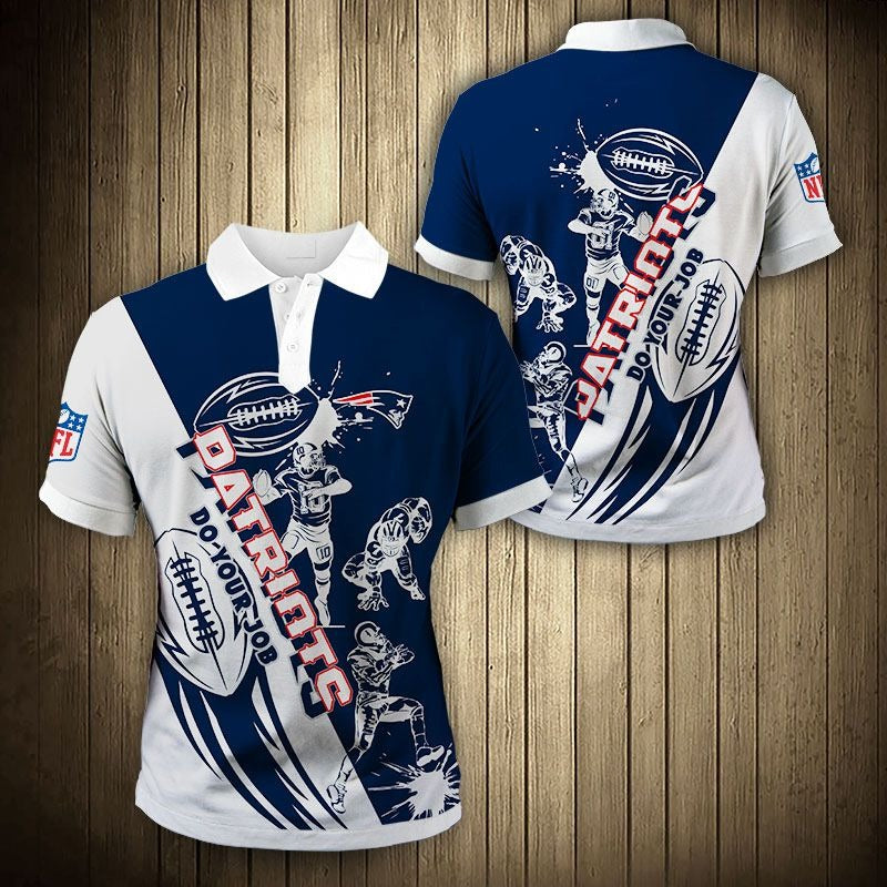 Men's New England Patriots Polo Shirt with Do Your Job graphic in BLUE and white color – breathable fan apparel, sizes S to 5XL, made to order