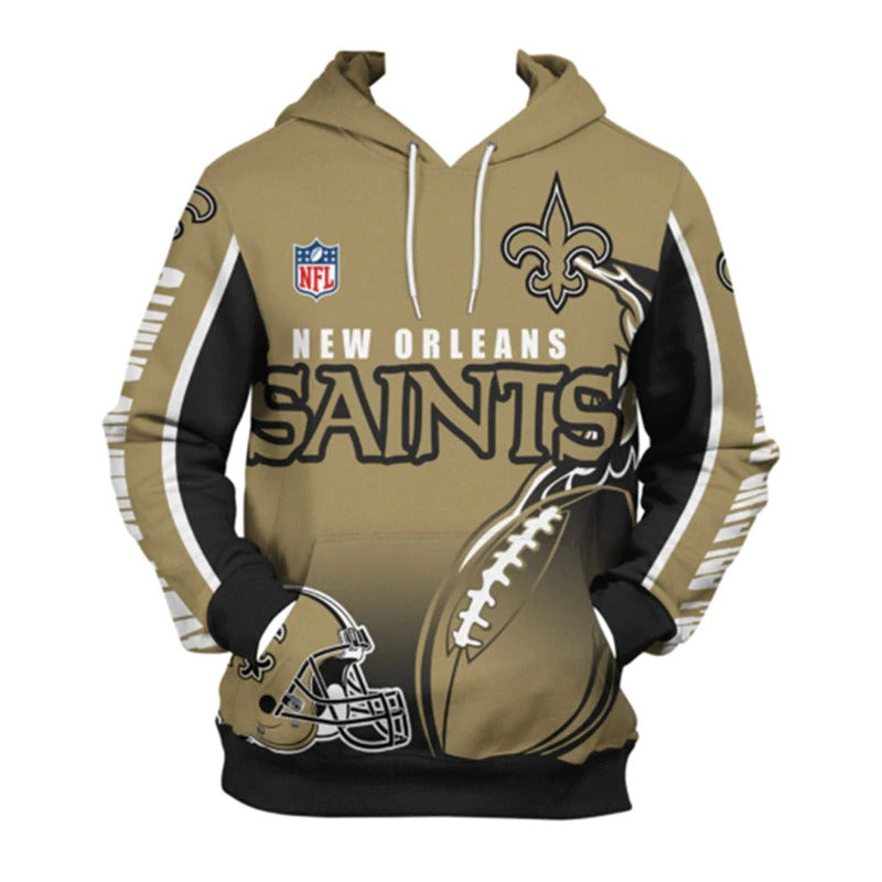 Front view of men's New Orleans Saints pullover hoodie with 3D flaming football graphic, NFL logo, and bold gold- black team design