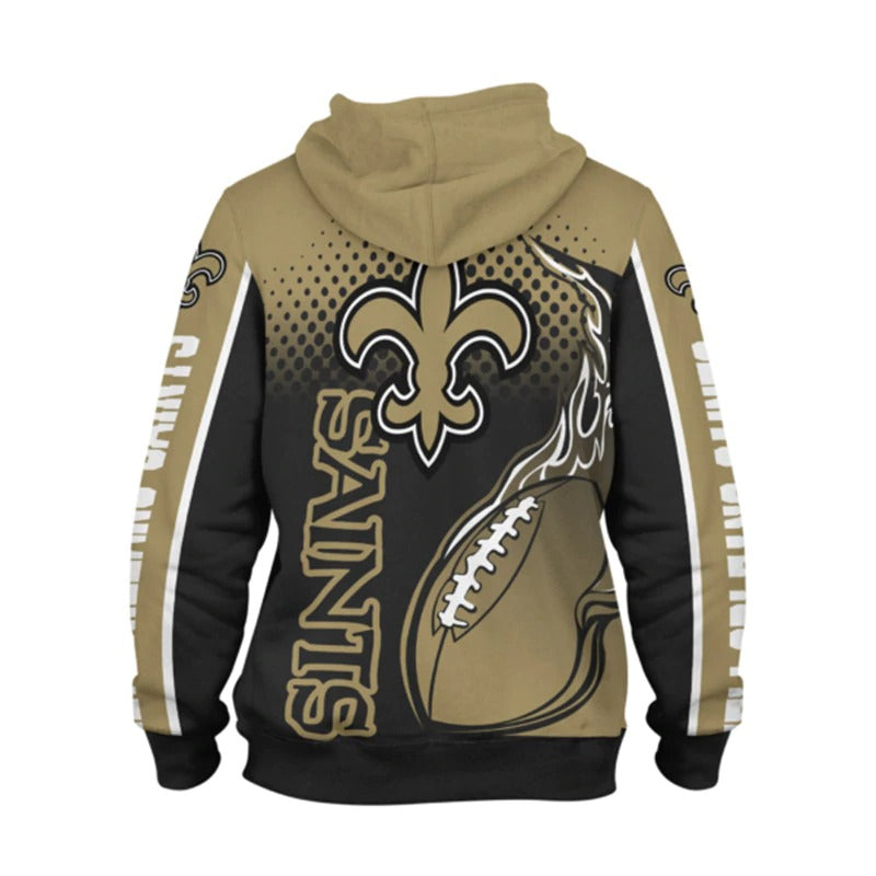 Back view of men's New Orleans Saints hoodie featuring large Saints logo, flaming football design, and bold black - gold color scheme.