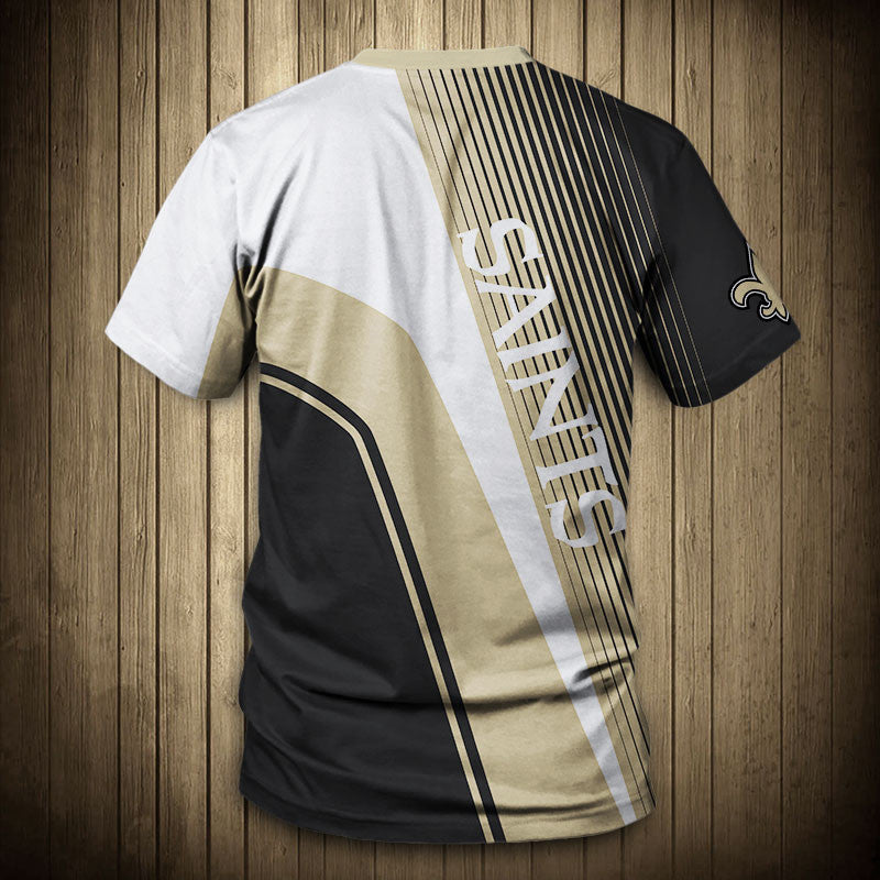 Back view of Men’s New Orleans Saints T-Shirt – Striped Graphic Look with vertical stripes, large Saints text print, and dynamic color block design in BLACK, GOLD and white."