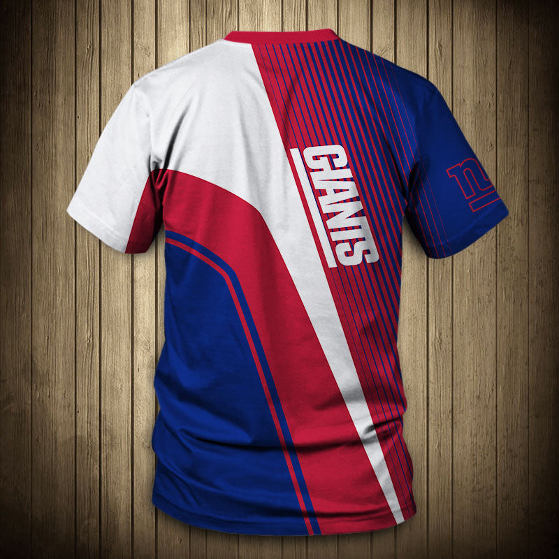 Back view of Men’s New York Giants T-Shirt – Striped Graphic Look with vertical stripes, large Giants text print, and dynamic color block design in red, blue and white."