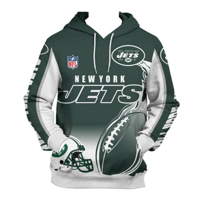 Front view of men's New York Jets pullover hoodie with 3D flaming football graphic, NFL logo, and bold white- green team design