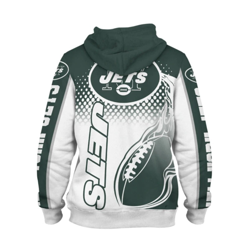 Back view of men's New York Jets hoodie featuring large Jets logo, flaming football design, and bold green - white color scheme.