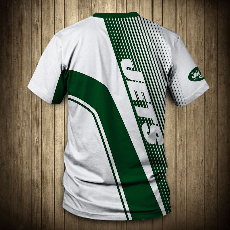 Back view of Men’s New York Jets T-Shirt – Striped Graphic Look with vertical stripes, large Jets text print, and dynamic color block design in green and white."