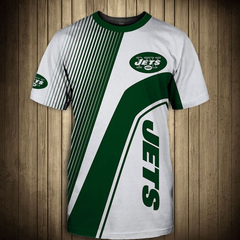 Front view of Men’s New York Jets T-Shirt – Striped Graphic Look featuring bold white and green diagonal stripes, New York Jets logo on chest, and modern athletic design – perfect for NFL fans.
