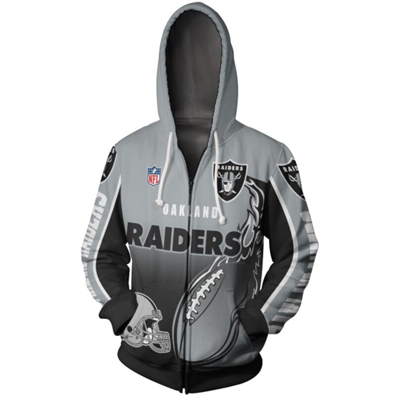 Men's Oakland Raiders zip-up hoodie with flaming football 3D design in team colors, featuring NFL and Raiders logo