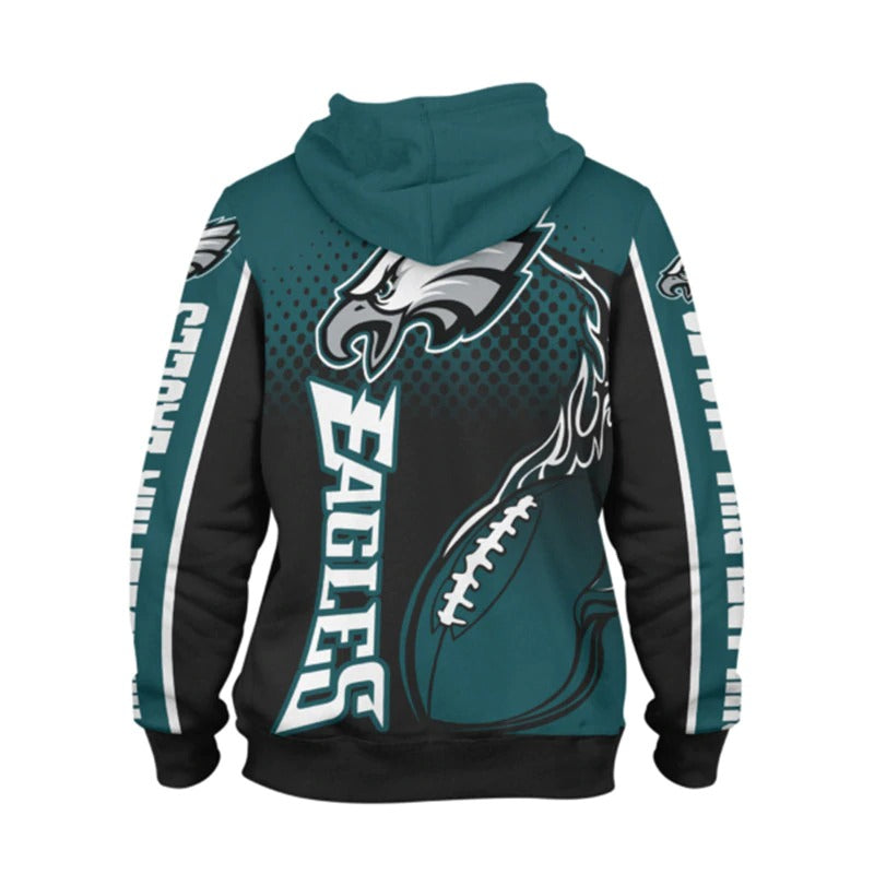 Back view of men's Philadelphia Eagles hoodie featuring large Eagles logo, flaming football design, and bold green - black color scheme.