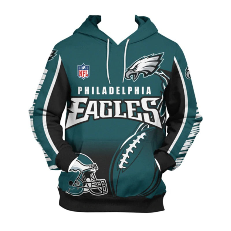 Front view of men's Philadelphia Eagles pullover hoodie with 3D flaming football graphic, NFL logo, and bold black - green team design