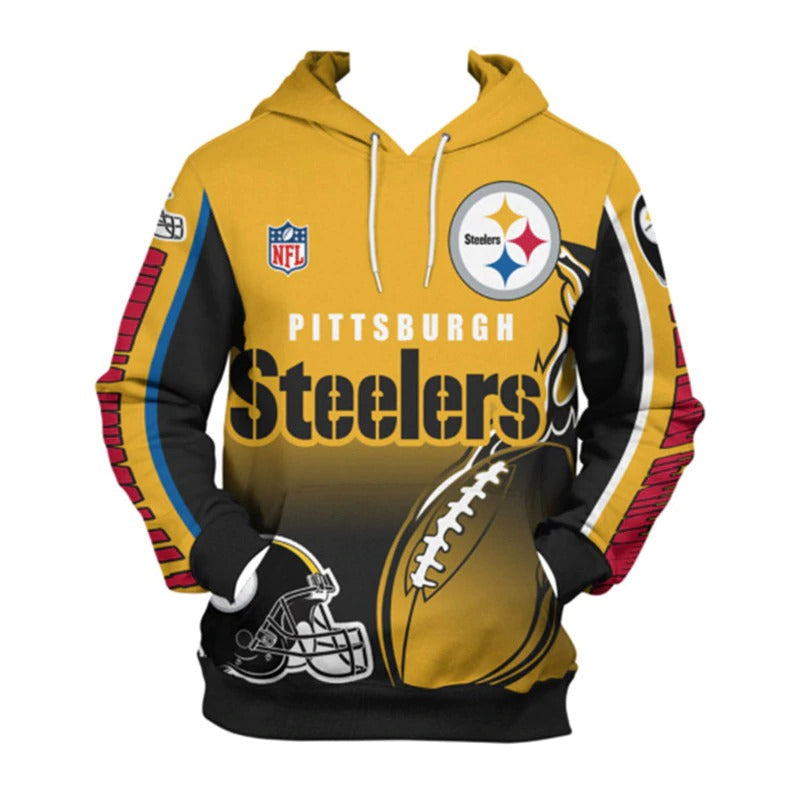 Front view of men's Pittsburgh Steelers pullover hoodie with 3D flaming football graphic, NFL logo, and bold black - yellow team design
