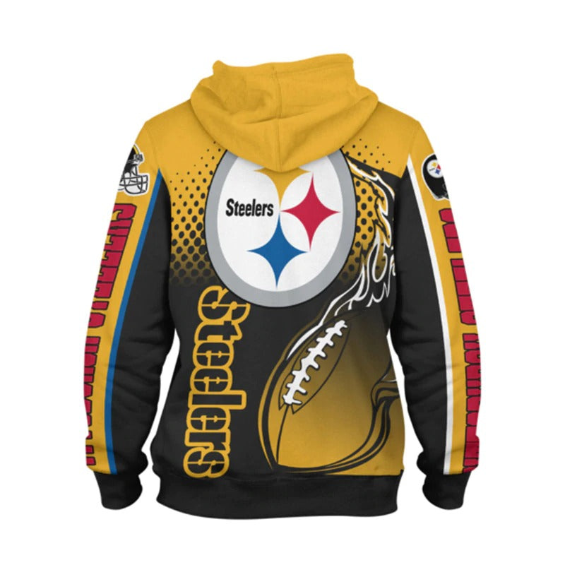 Back view of men's Pittsburgh Steelers hoodie featuring large Steelers logo, flaming football design, and bold yellow - black color scheme.