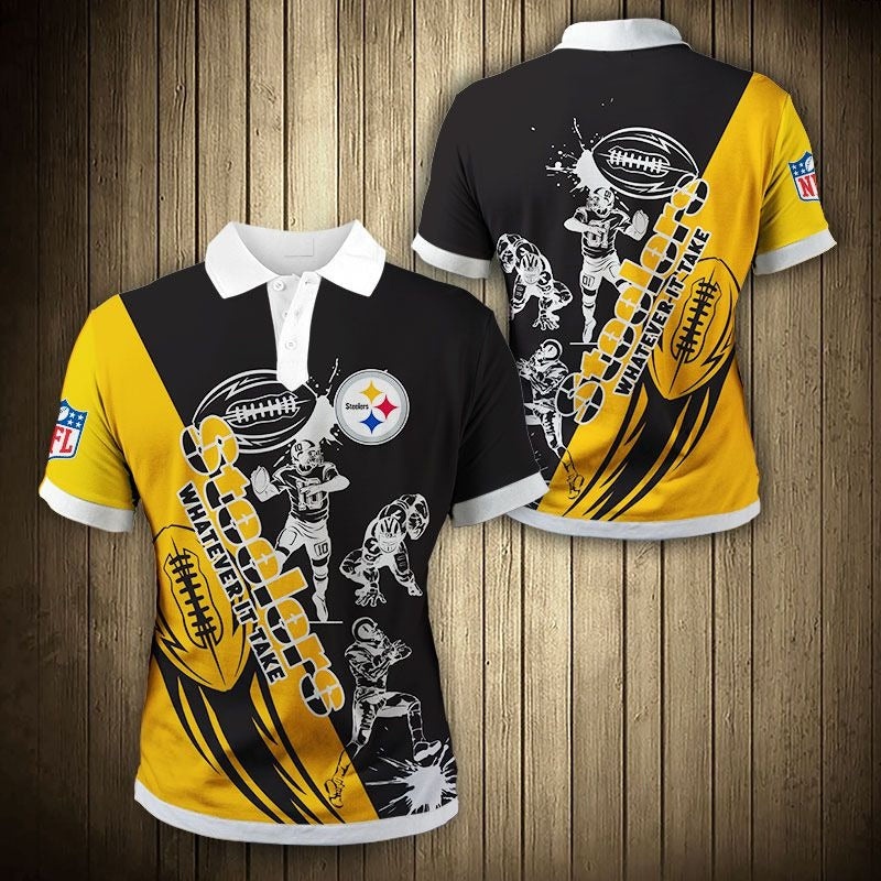 Men's Pittsburgh Steelers Polo Shirt with Whatever it Take graphic in Yellow and black color – breathable fan apparel, sizes S to 5XL, made to order