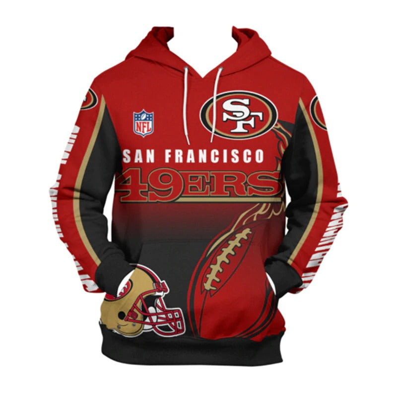 Front view of men's San Francisco 49ers pullover hoodie with 3D flaming football graphic, NFL logo, and bold black - red team design