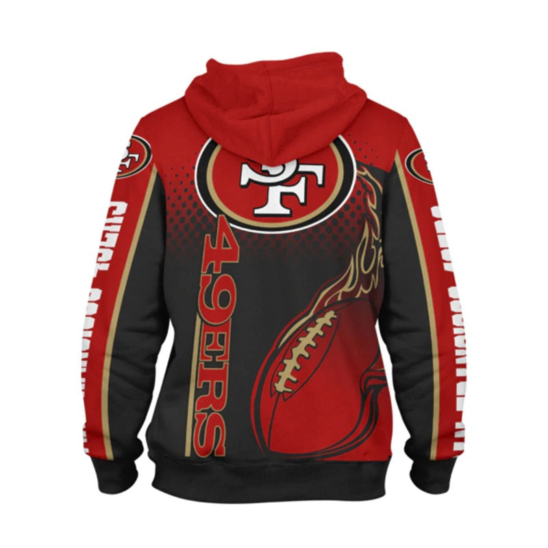 Back view of men's San Francisco 49ers hoodie featuring large 49ers logo, flaming football design, and bold black - red color scheme.