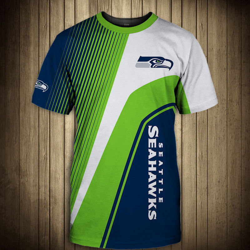 Front view of Men’s Seattle Seahawks T-Shirt – Striped Graphic Look featuring bold WHITE and GREEN diagonal stripes, Seattle Seahawks logo on chest, and modern athletic design – perfect for NFL fans.